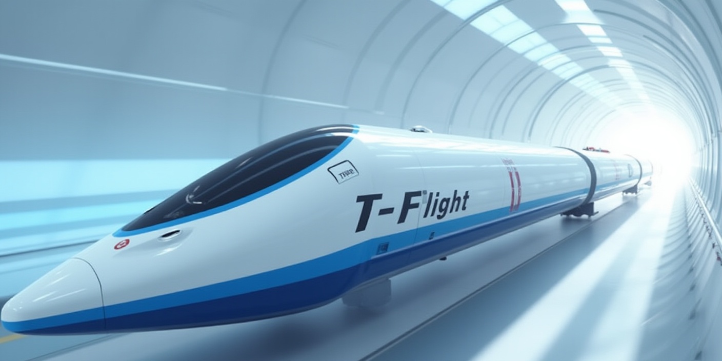 Supernowoczesny pociąg osobowy z napisem T-Flight