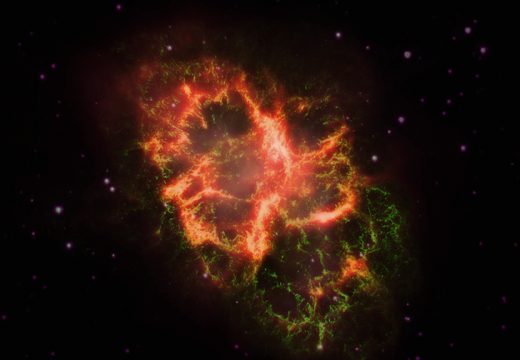 Mgławica Kraba - obraz z nałożonymi na siebie trzema typami promieniowania. Składa się ze światła podczerwonego (czerwone na zdjęciu), światła widzialnego (zielone) i ultrafioletowego (fioletowe). 