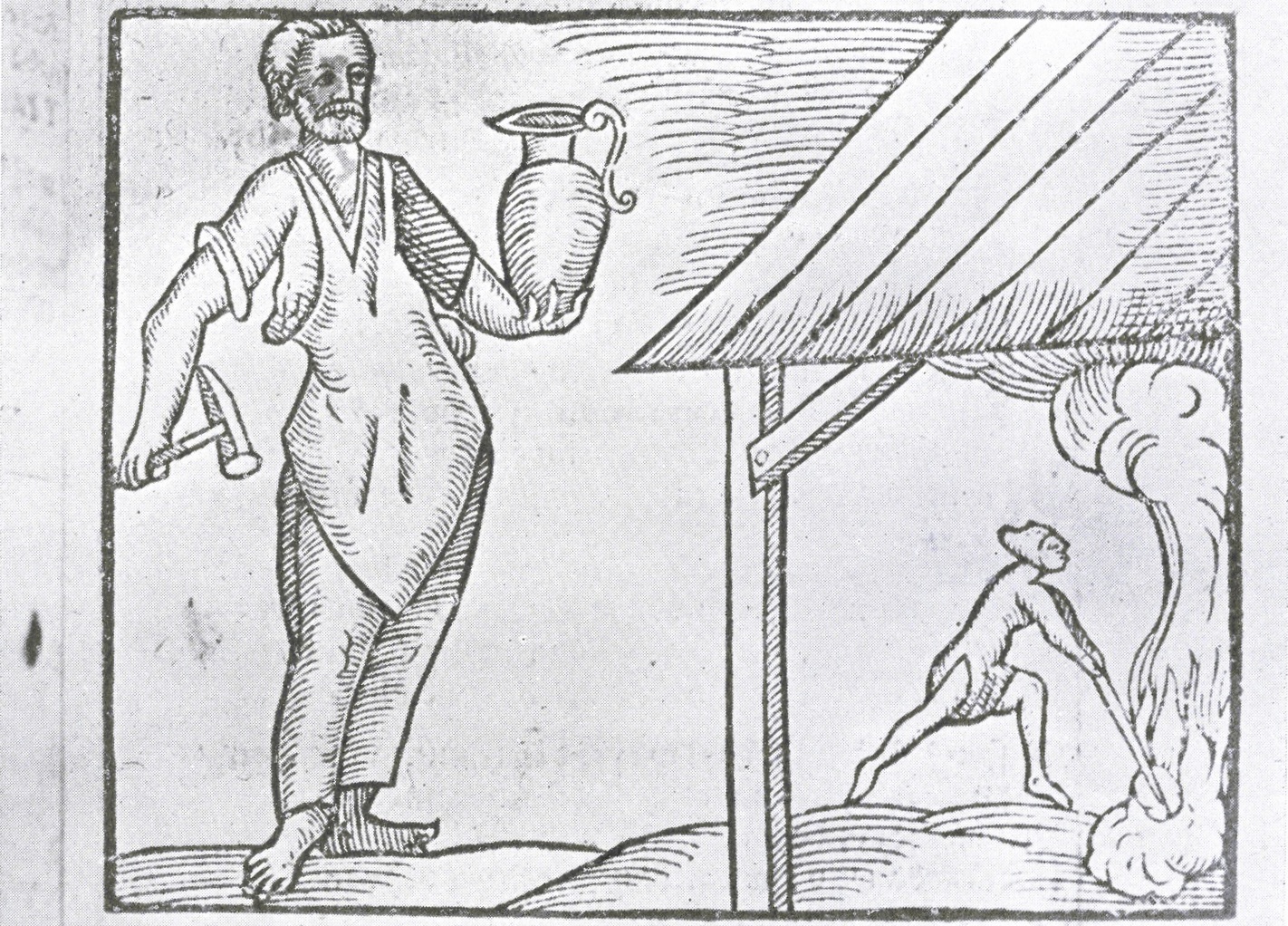 drzeworyt przedstawiający mężczyznę z młotkiem w jednej ręce a w drugiej trzyma dzban 