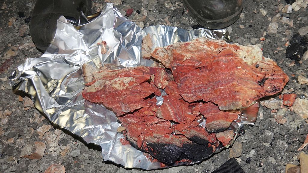 Próbka czerwonych i kremowych skał występujących w miejscu zanikającego pokładu węgla kamiennego